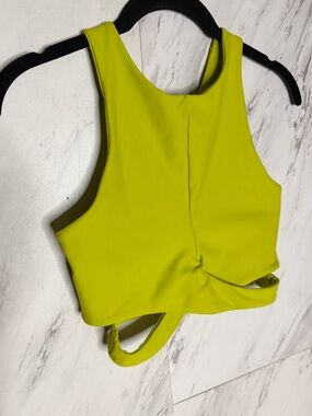 Becco Twist-Front Cut-Out Back Neon Lime Crop Top Sports Bra SZ M